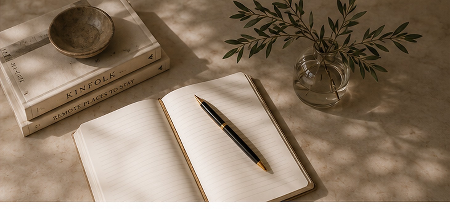 Open journal, pen, and olive branch